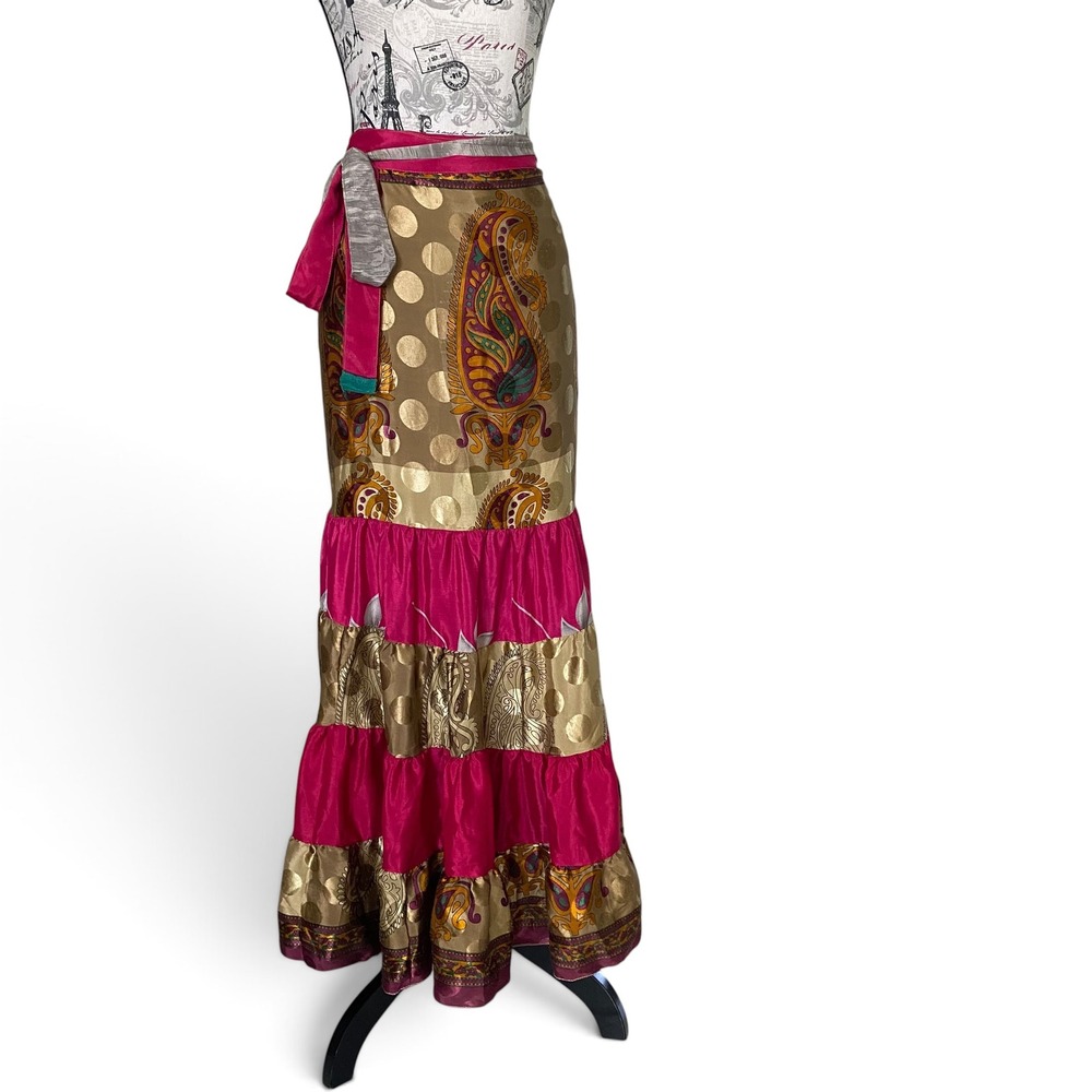 Silk Wrap Maxi Skirt Womens One Size Gold Magenta Paisley Tiered Boho
